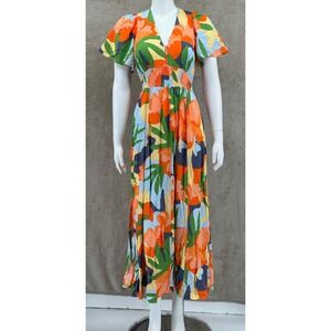 Abel‎ the Label Dress Womens Small Orange Maxi V-Neck Colorful Tropical Vacation